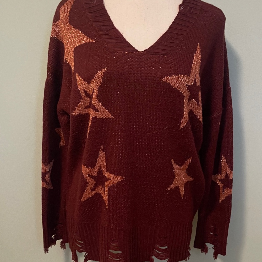 Say What? Burgundy Star V-Neck Sweater